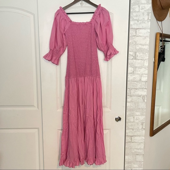 RHODE Resort Pink Eva Off The Shoulder Smocked Cotton Maxi Dress medium - Picture 7 of 10